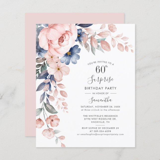 Lámina Invitación al partido floral rosado 60 de cumpleañ (Anverso / Reverso)