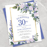 Lámina Invitación al partido sorpresa por cumpleaños núme<br><div class="desc">Honre a una mujer especial con esta elegante y femenina invitación del Partido Sorpresa del Presupuesto 30 por el Cumpleaños. Sorpresa y 30 están escritas en grandes textos azules. Sigue la celebración del cumpleaños. El nombre de la persona honrada también está escrito en mayúsculas azules. Los detalles de la celebración...</div>
