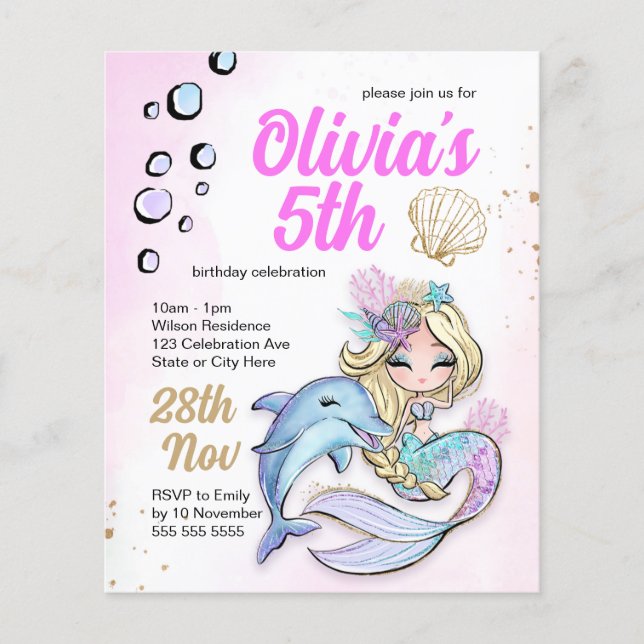 Lámina Invitación al presupuesto de cumpleaños de Sirena  (Anverso)