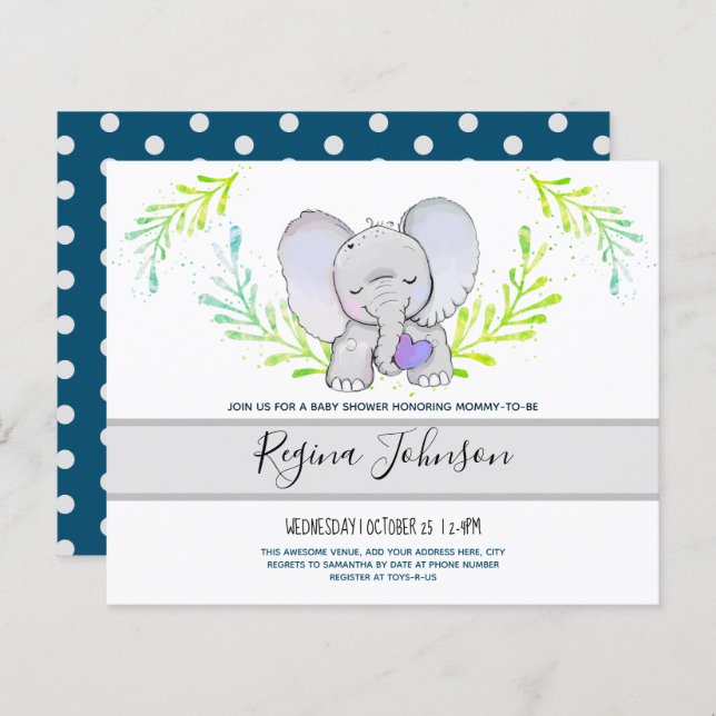Lámina Invitación al presupuesto de Elephant Baby Shower (Anverso / Reverso)