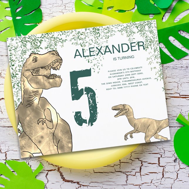 Lámina Invitación al presupuesto de la 5ª fiesta de cumpl (Dinosaur 5th birthday party budget invitation with T-Rex and velociraptor dino watercolor )
