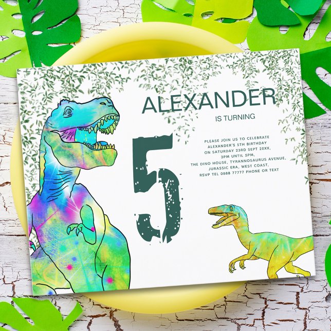Lámina Invitación al presupuesto de la quinta fiesta de c (T-Rex and velociraptor dinosaur jungle 5th birthday party green budget invitation )