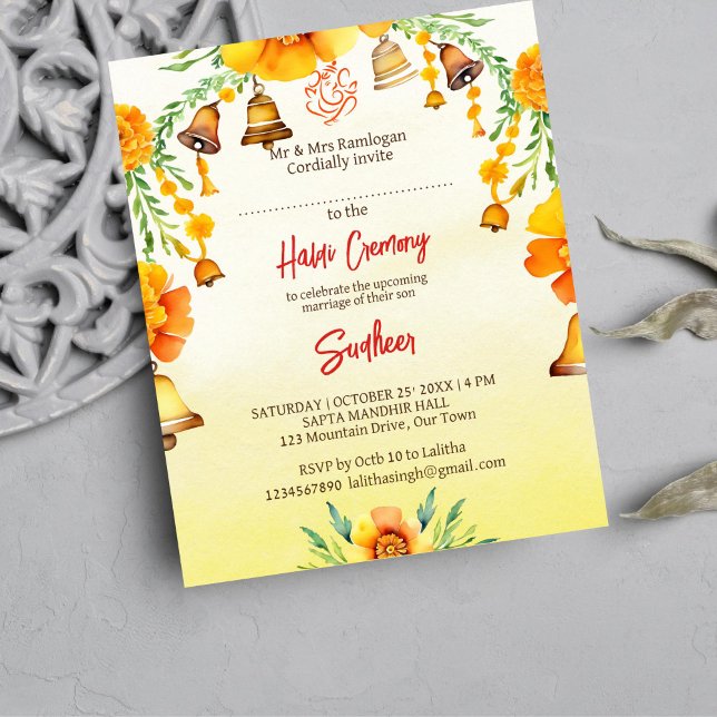 Lámina Invitación al presupuesto de los bodas indios de H (Haldi template invitation digital download Indian wedding whimsical bells marigolds garlands Ganesha)