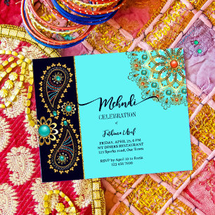 Lámina Invitación al presupuesto de Mehndi blue gold jewe