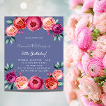 Lámina Invitación al presupuesto floral azul rosa de cump<br><div class="desc">Una elegante invitación para una fiesta de cumpleaños número 50 (o cualquier edad). Flores de color rosa,  violeta y dorado subió,  flores como decoración. Un fondo azul de moda. El nombre se escribe con un guión de estilo con letras a mano.</div>