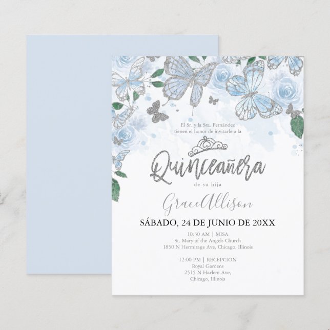 Lámina Invitación al presupuesto para mariposas Quinceane (Anverso / Reverso)