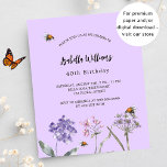 Lámina Invitación al presupuesto rosa violeta de las flor<br><div class="desc">Fondo violeta de color lavanda. Decorado con abejas y flores silvestres pintadas en violeta y rosa. Personalice y agregue un nombre y detalles del fiesta. 1 hoja = 1 borde impreso de invitación al borde.</div>