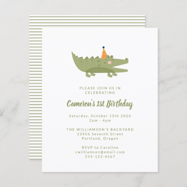 Lámina Invitación al primer cumpleaños del cocodrilo verd (Anverso / Reverso)