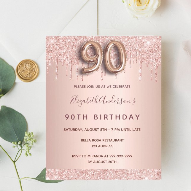Lámina Invitación al purpurina de oro rosa de 90 cumpleañ (Subido por el creador)