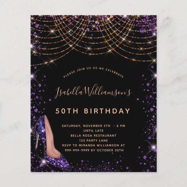 Lámina Invitación al purpurina morado de cumpleaños (Anverso)