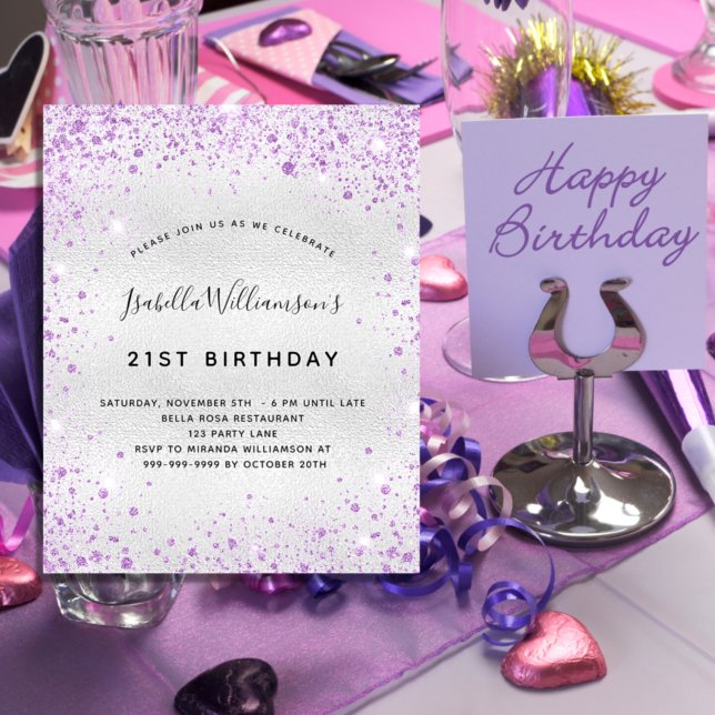 Lámina Invitación al purpurina púrpura de plata de cumple (Subido por el creador)