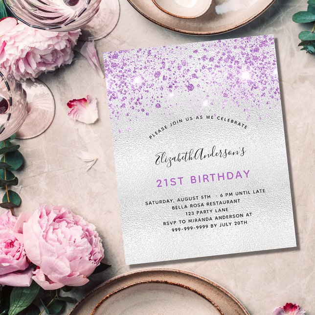 Lámina Invitación al purpurina púrpura de plata de cumple (Subido por el creador)
