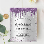Lámina Invitación al purpurina púrpura de plata de cumple<br><div class="desc">Una invitación moderna, elegante y glamurosa para una fiesta de cumpleaños número 21 (o cualquier edad). Un falso fondo metálico plateado con goteos en purpurina de imitación violeta, chispas. El nombre está escrito con una escritura de estilo con letras a mano moderna. Personalice y agregue los detalles de su fiesta....</div>