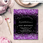 Lámina Invitación al purpurina púrpura negro de cumpleaño<br><div class="desc">Una invitación moderna,  elegante y glamurosa para una fiesta de cumpleaños número 21 (o cualquier edad). Un fondo negro con polvo de imitación purpurina púrpura. El nombre está escrito con una escritura de estilo con letras a mano moderna. Personalice y agregue los detalles de su fiesta.</div>