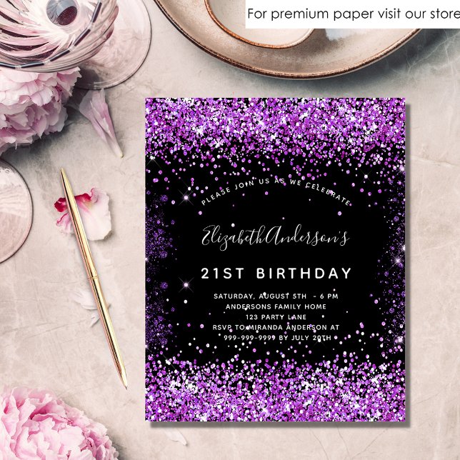 Lámina Invitación al purpurina púrpura negro de cumpleaño (Subido por el creador)