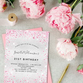 Lámina Invitación al purpurina rosa plateado de cumpleaño