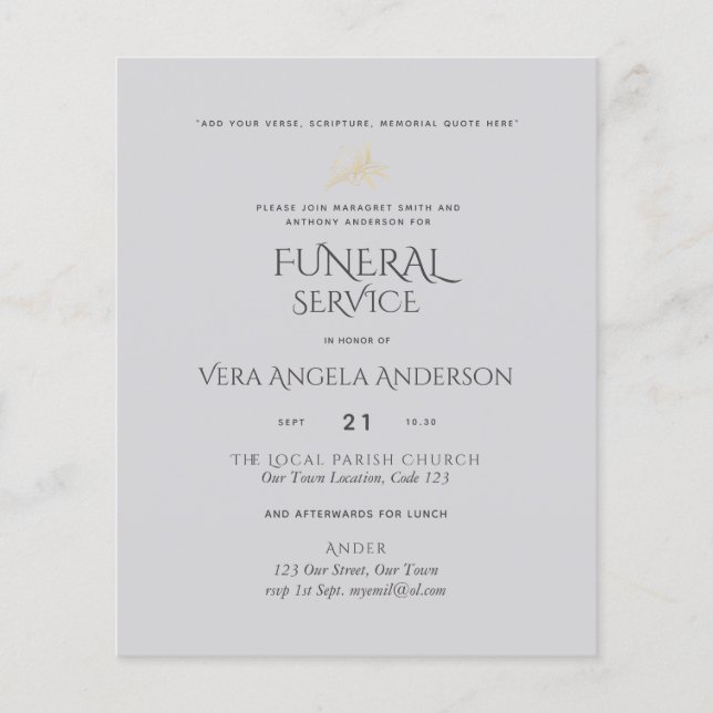 Lámina Invitación al Servicio de Funerales de Presupuesto (Anverso)