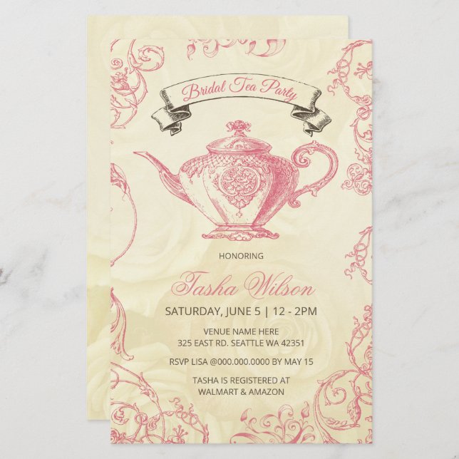 Lámina Invitación al té de novias con marfil rosado con p (Anverso / Reverso)