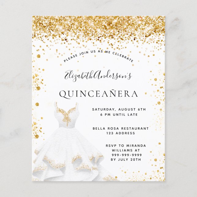Lámina Invitación al vestido de oro blanco Quinceanera (Anverso)