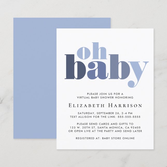Lámina Invitación azul de baño de bebé virtual de presupu (Anverso / Reverso)