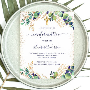 Lámina Invitación azul de confirmación eucalipto verde