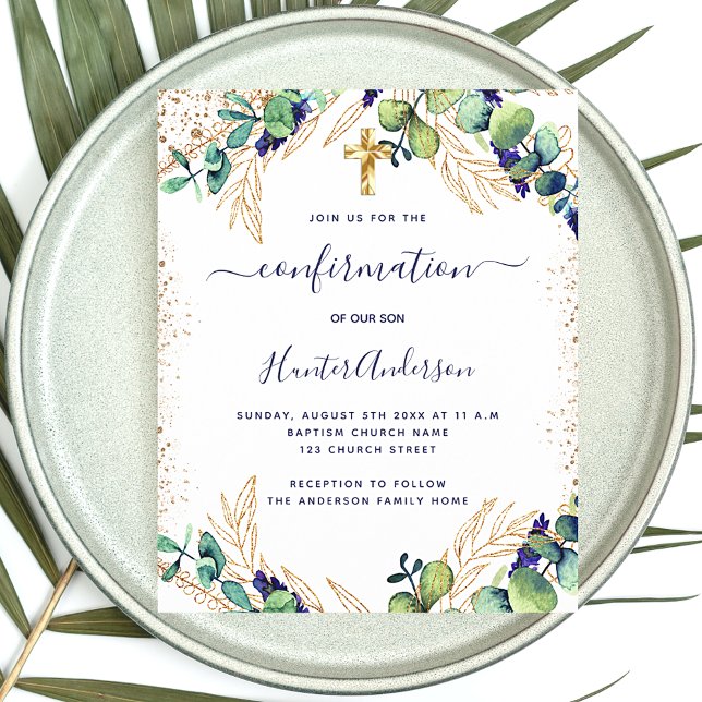 Lámina Invitación azul de confirmación eucalipto verde (Subido por el creador)