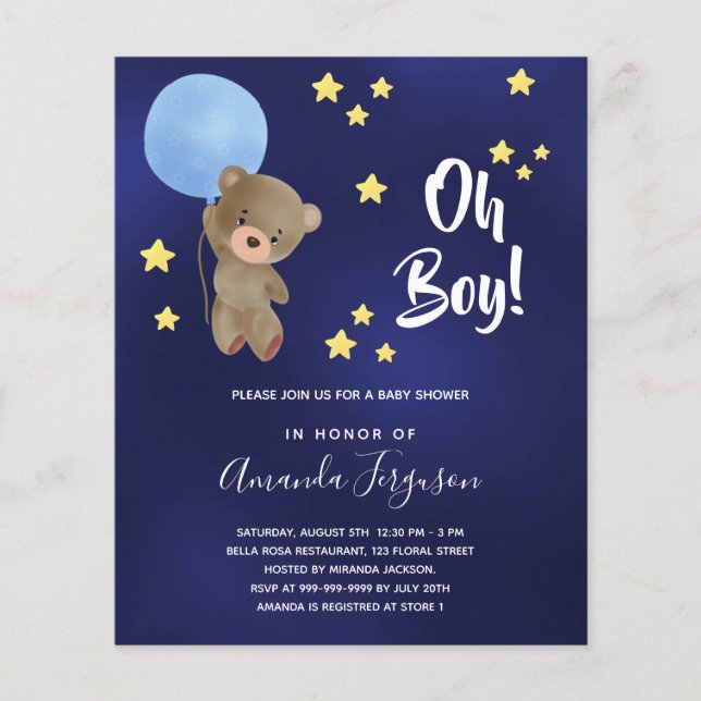 Lámina Invitación azul del niño de la ducha de bebé (Anverso)