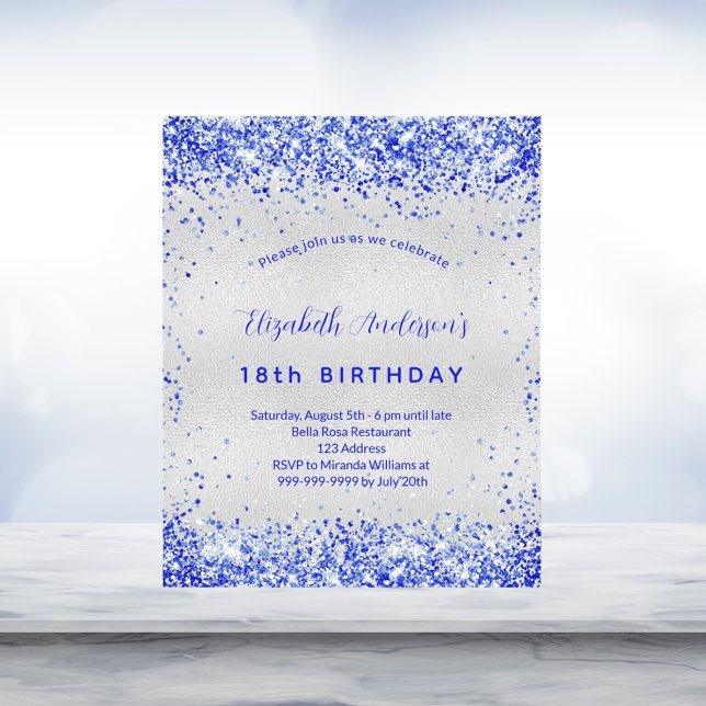 Lámina Invitación azul real de cumpleaños de plata (Subido por el creador)