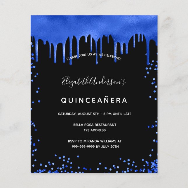 Lámina Invitación azul real negra del presupuesto Quincea (Anverso)