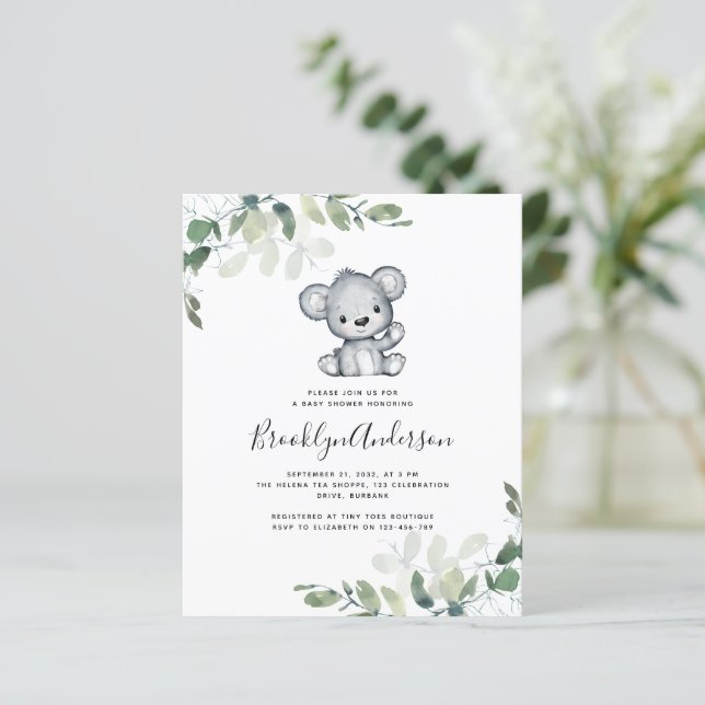 Lámina Invitación Baby Shower a Eucalyptus Bear (Anverso de pie)
