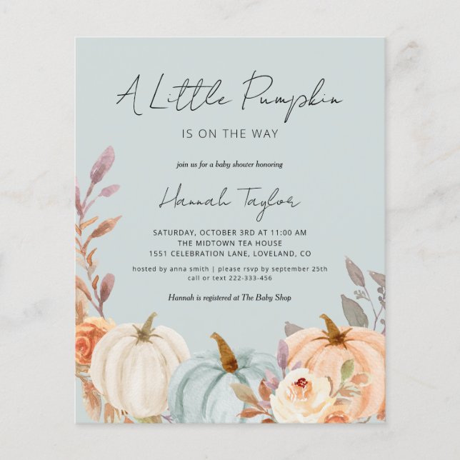Lámina Invitación Baby Shower a la caída de calabaza azul (Anverso)