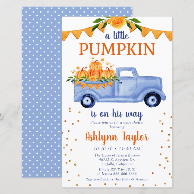 Lámina Invitación Baby Shower a la calabaza azul de presu (Anverso / Reverso)