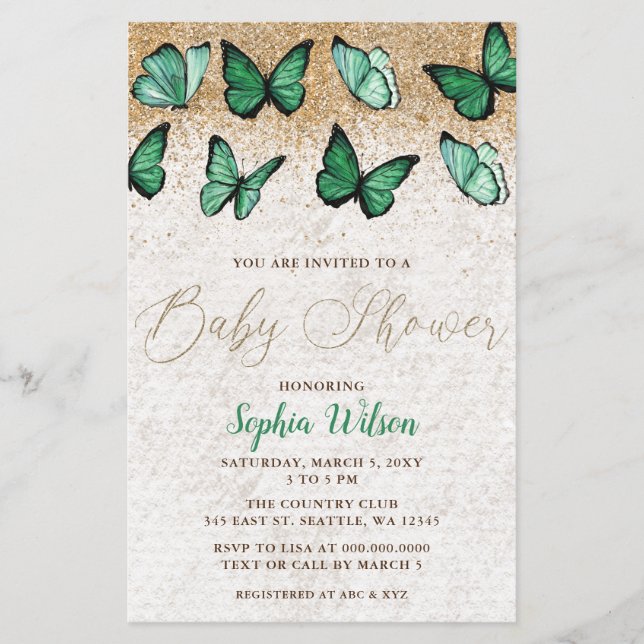 Lámina Invitación Baby Shower a la mariposa dorada verde  (Anverso)
