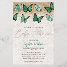 Invitación Baby Shower a la mariposa dorada verde 