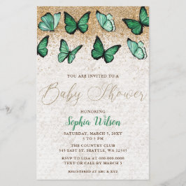 Lámina Invitación Baby Shower a la mariposa dorada verde 