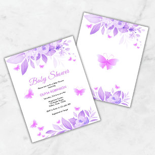 Lámina Invitación Baby Shower a la mariposa floral púrpur