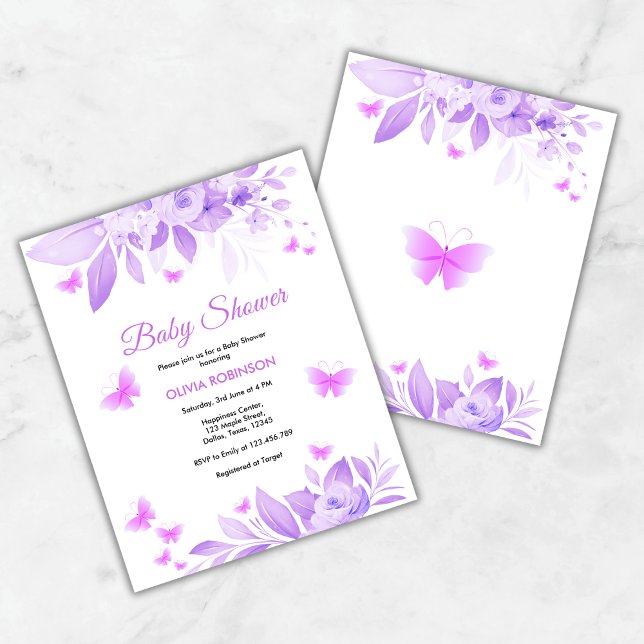 Lámina Invitación Baby Shower a la mariposa floral púrpur (Budget Purple Floral Baby Girl Butterfly Baby Shower Invitation )