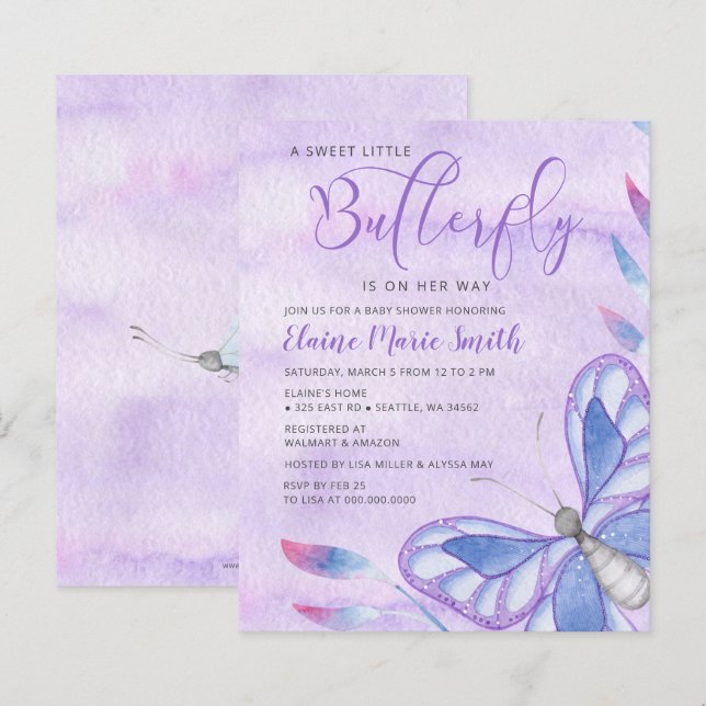 Lámina Invitación Baby Shower a la mariposa púrpura de pr (Anverso / Reverso)