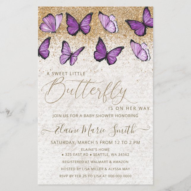 Lámina Invitación Baby Shower a la mariposa púrpura de pr (Anverso)