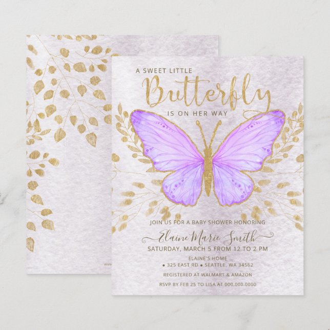 Lámina Invitación Baby Shower a la mariposa púrpura de pr (Anverso / Reverso)
