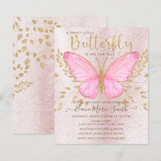 Lámina Invitación Baby Shower a la mariposa rosa dorada c