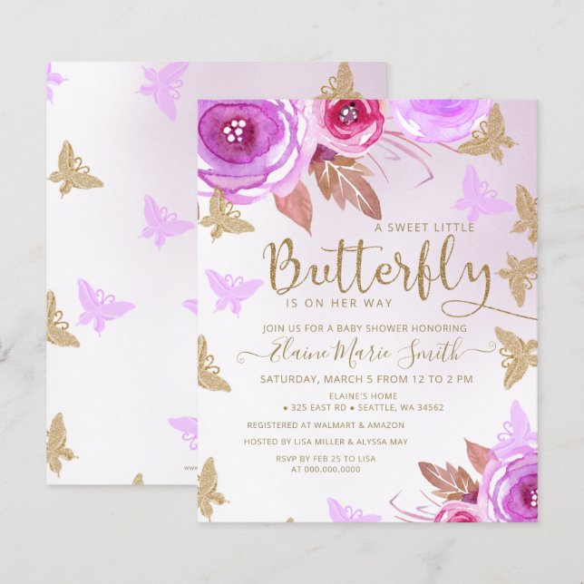 Lámina Invitación Baby Shower a las mariposas de oro de p (Anverso / Reverso)