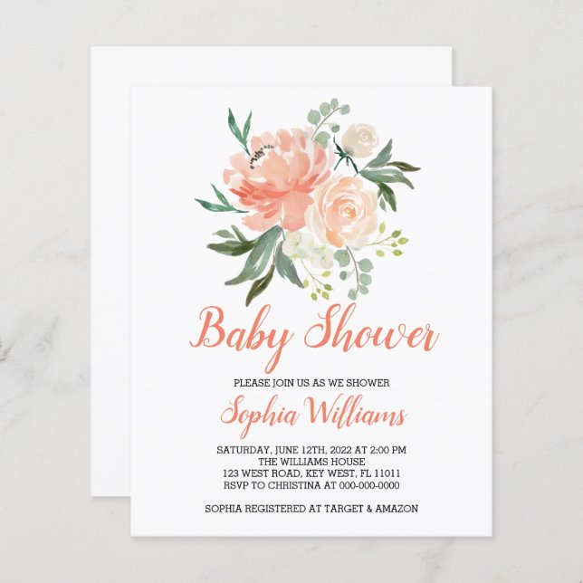 Lámina Invitación Baby Shower A Los Peaches Presupuestari (Anverso / Reverso)