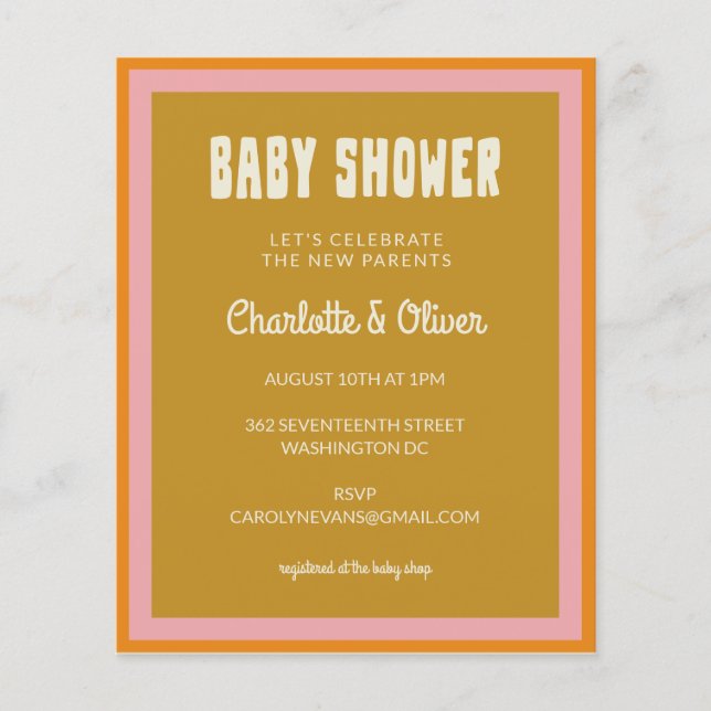 Lámina Invitación Baby Shower amarillo rosado retro presu (Anverso)