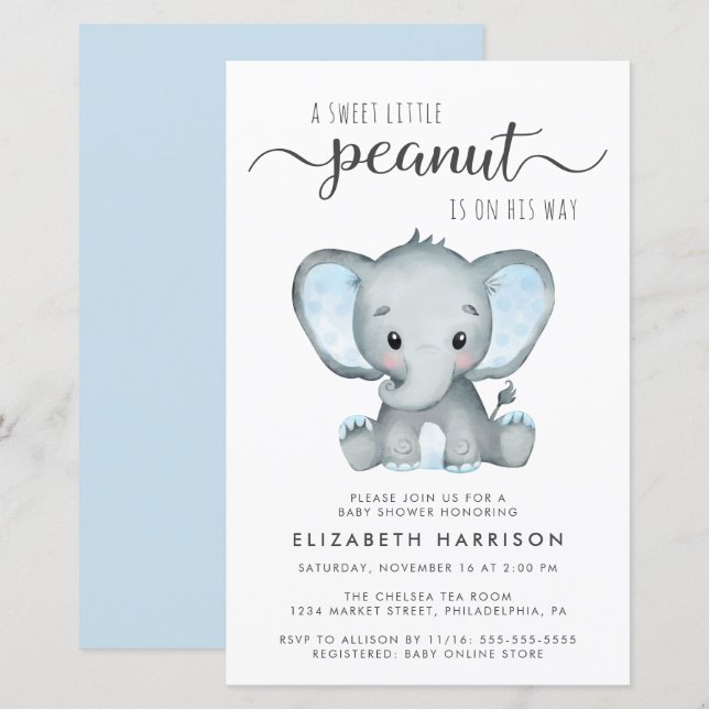 Lámina Invitación Baby Shower azul para elefantes de pres (Anverso / Reverso)