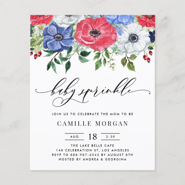 Lámina Invitación Baby Shower de anémones rojos, blancos  (Anverso)