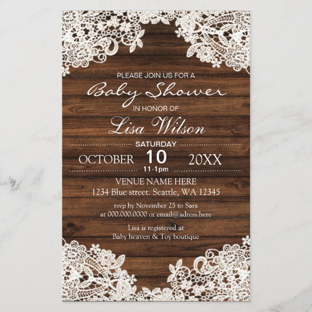 Lámina Invitación Baby Shower de Budget Barn Wood Lace (Anverso)