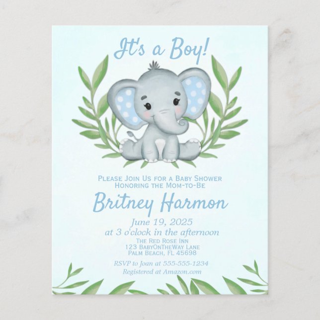 Lámina Invitación Baby Shower de Budget Blue Elephant Boy (Anverso)