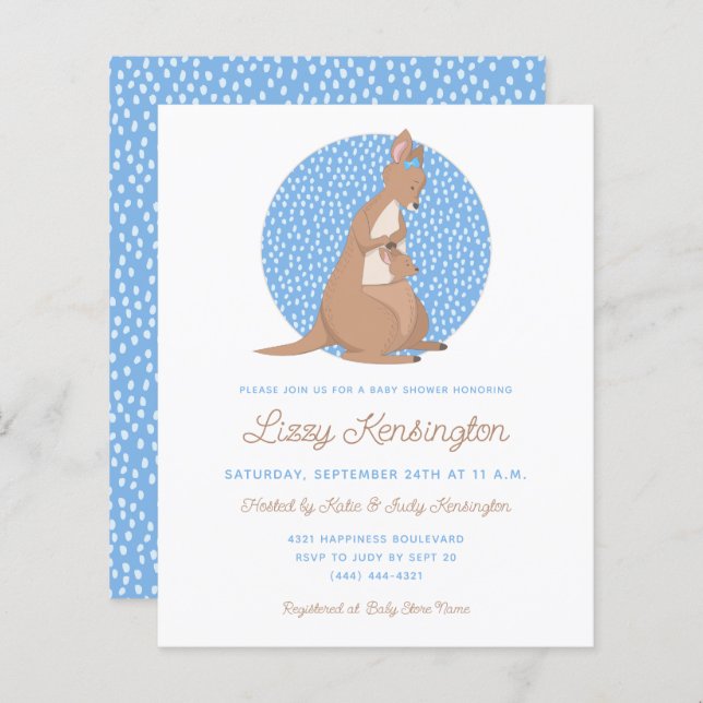 Lámina Invitación Baby Shower de Budget Blue Kangaroo Boy (Anverso / Reverso)