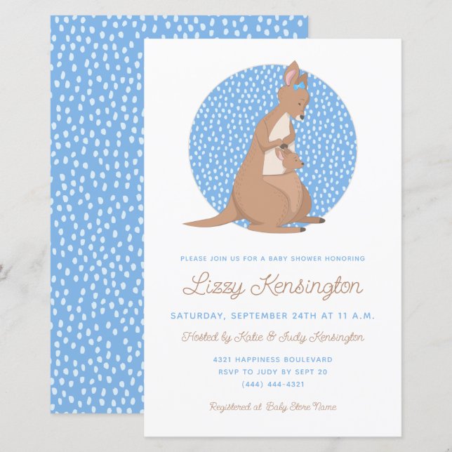 Lámina Invitación Baby Shower de Budget Blue Kangaroo Boy (Anverso / Reverso)